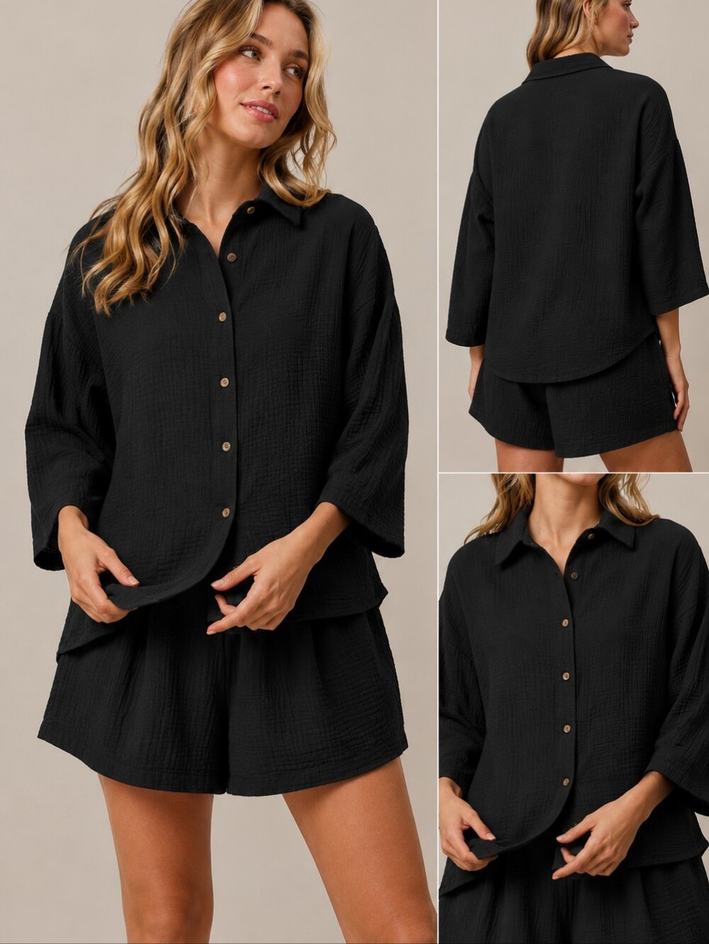 Black Crinkle Gauze Button Front Romper XL Oversized Shirt Look One Piece Boho
